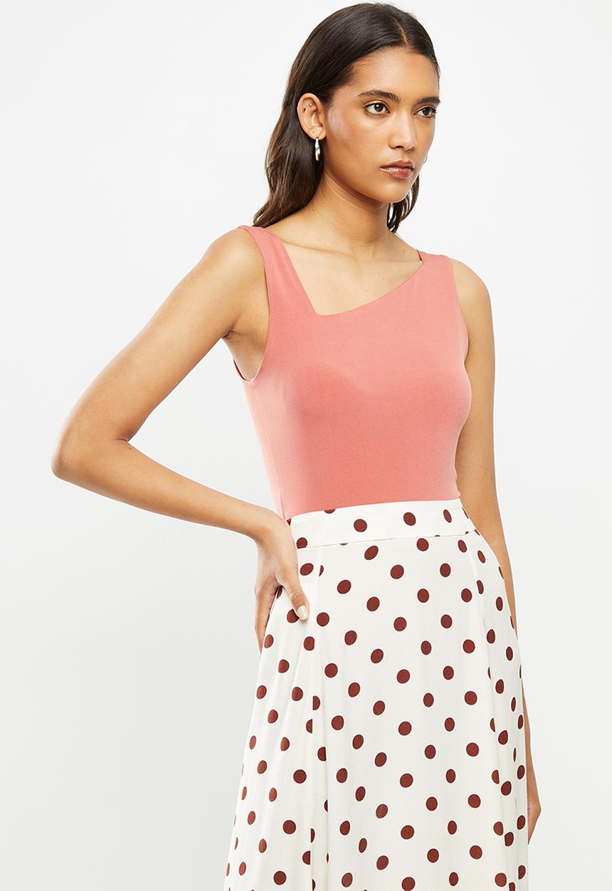 VELVET - Knit assymetrical square neckline bodysuit - rust
