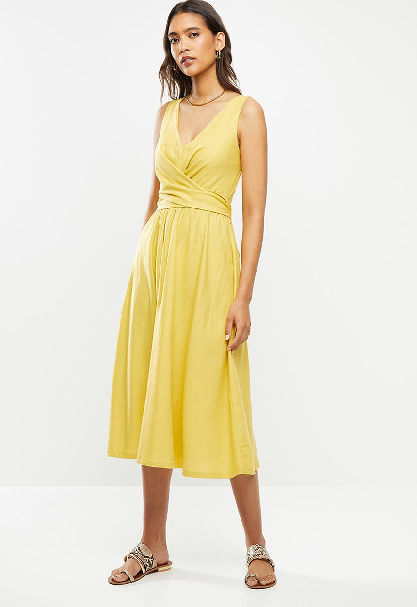 VELVET - Rayon linen wrap front midi dress - citron yellow