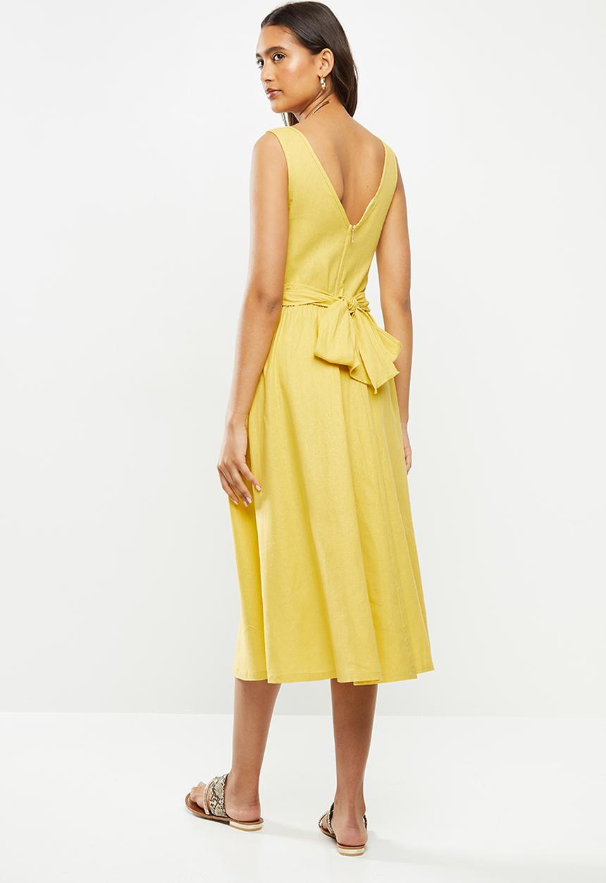VELVET - Rayon linen wrap front midi dress - citron yellow