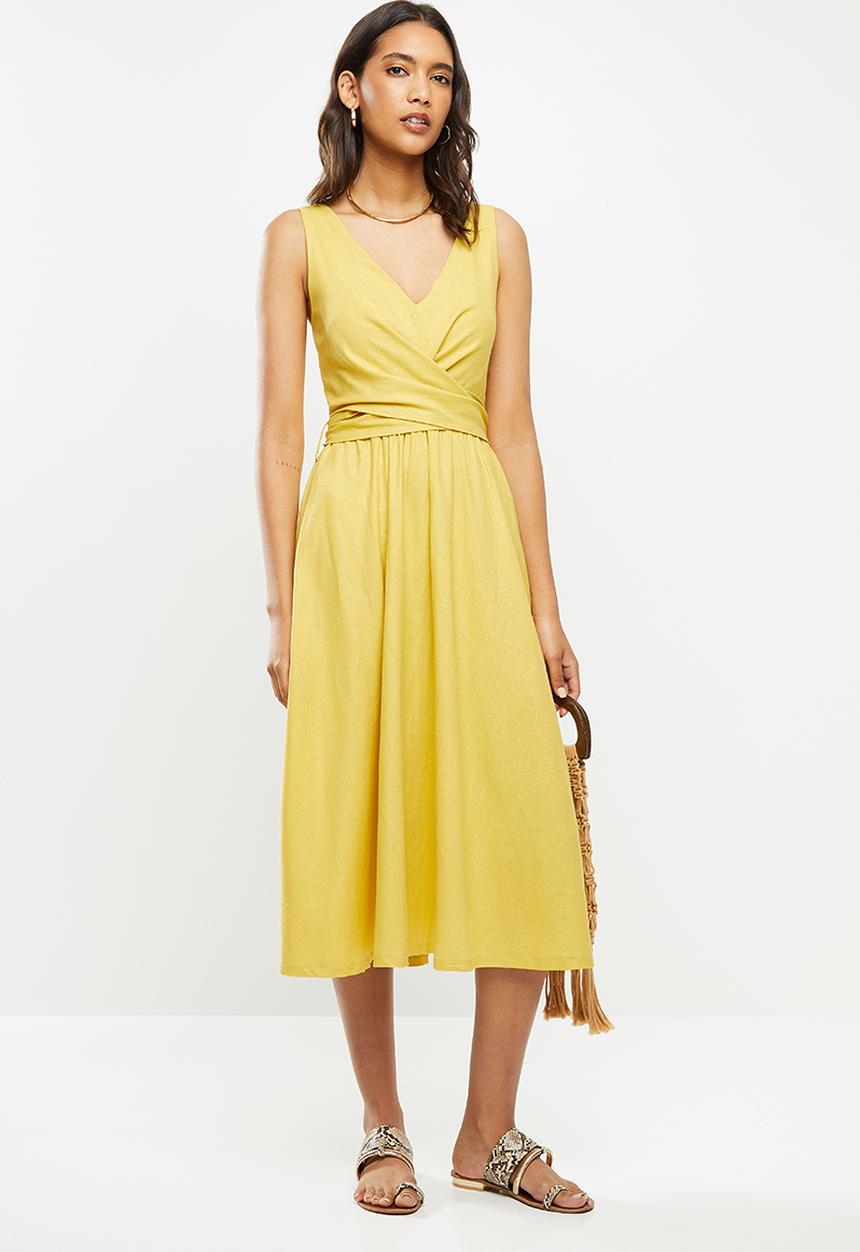 VELVET - Rayon linen wrap front midi dress - citron yellow