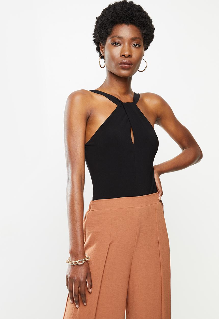 VELVET - Twist front halter bodysuit - black