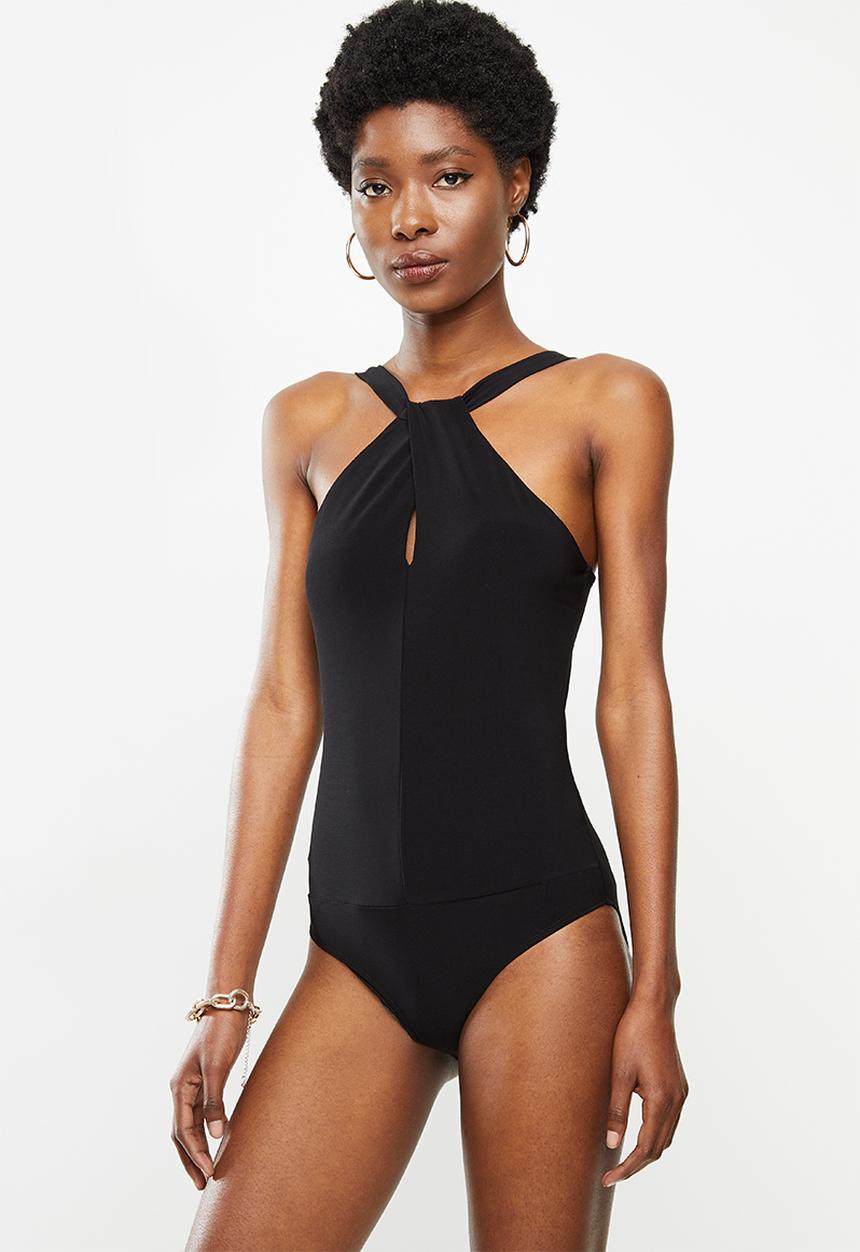 VELVET - Twist front halter bodysuit - black