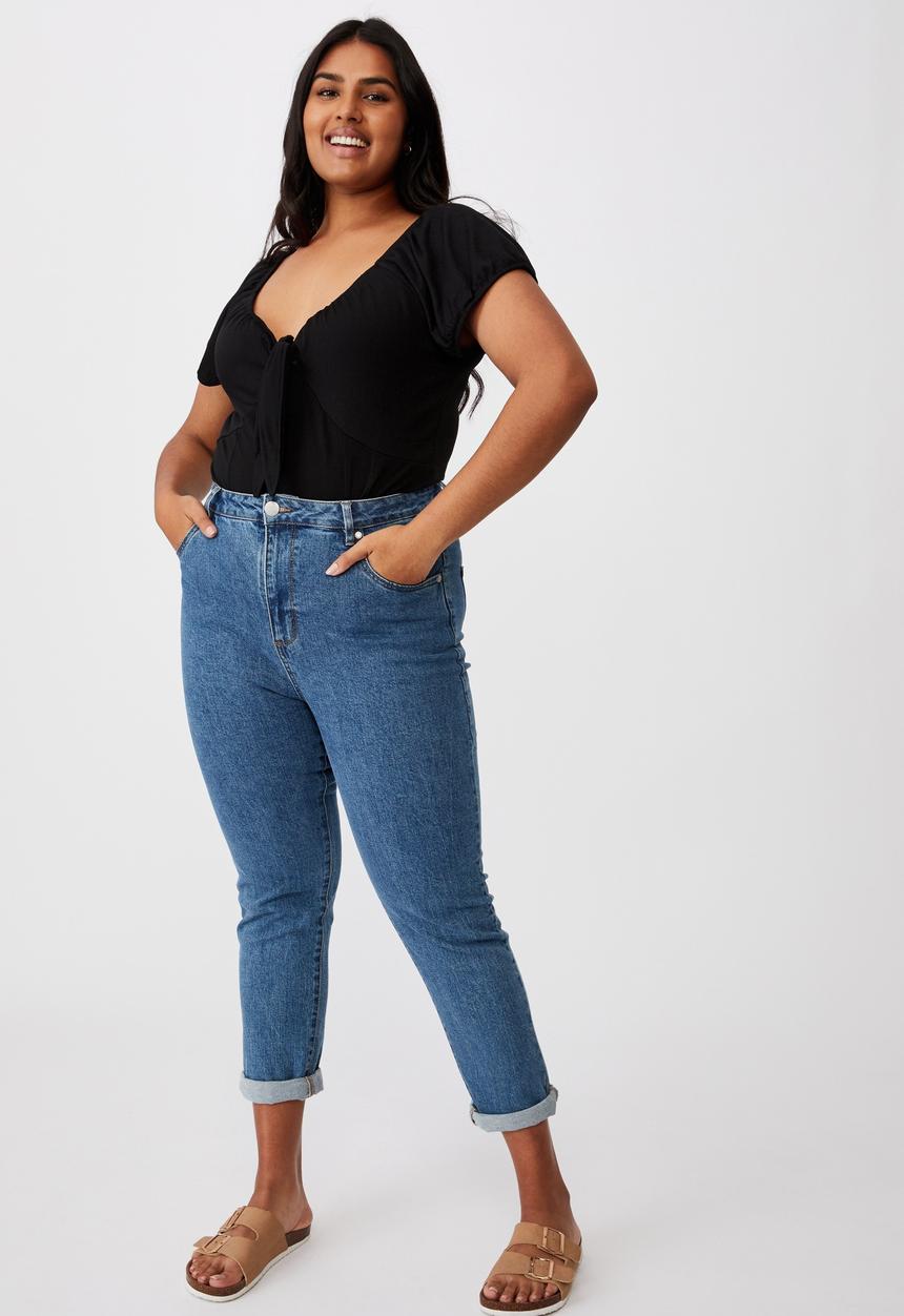 Cotton On - Curve sally sweetheart short sleeve top - black