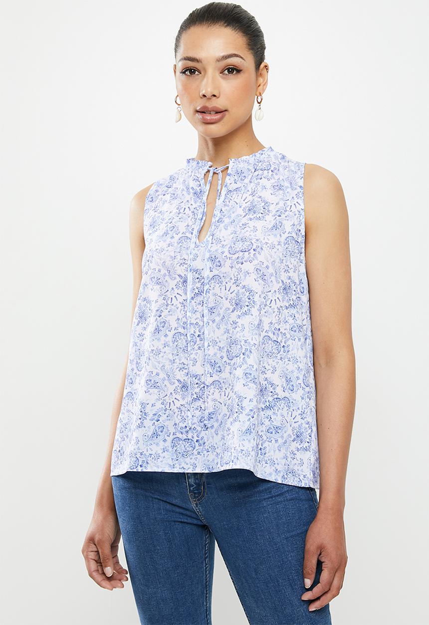 edit - Mandarin tie blouse - blue paisley
