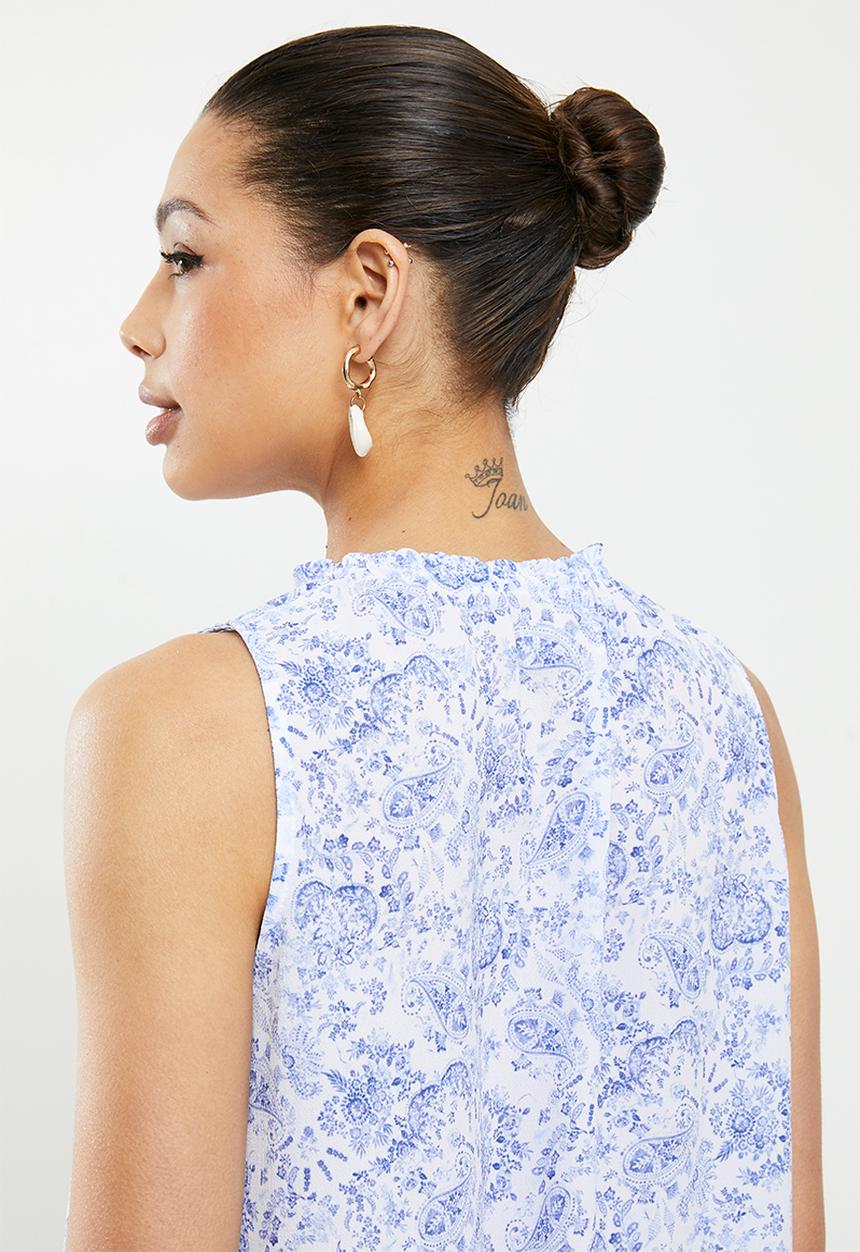 edit - Mandarin tie blouse - blue paisley