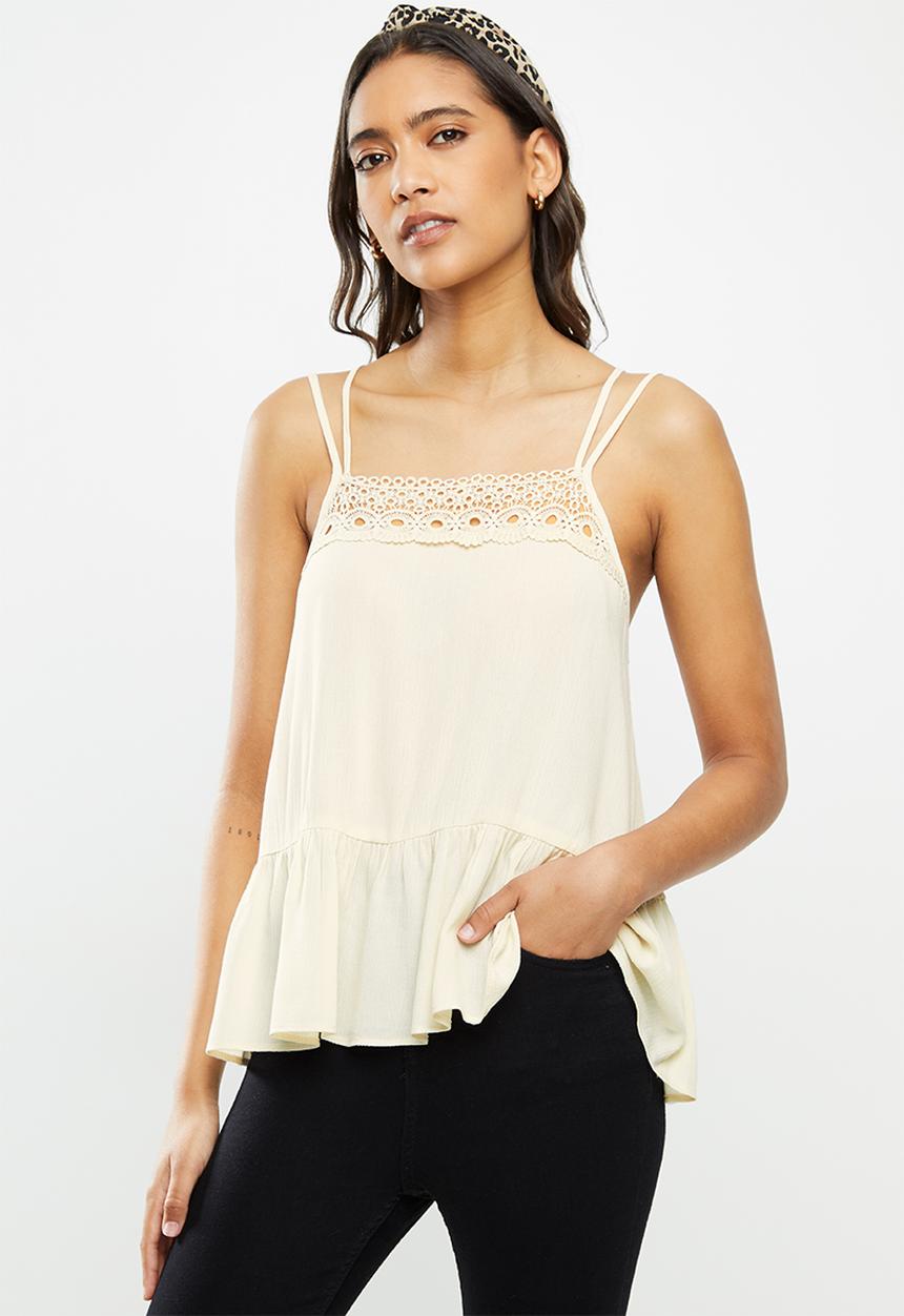 VELVET - Dobby peplum strappy top with lace trim - white swan