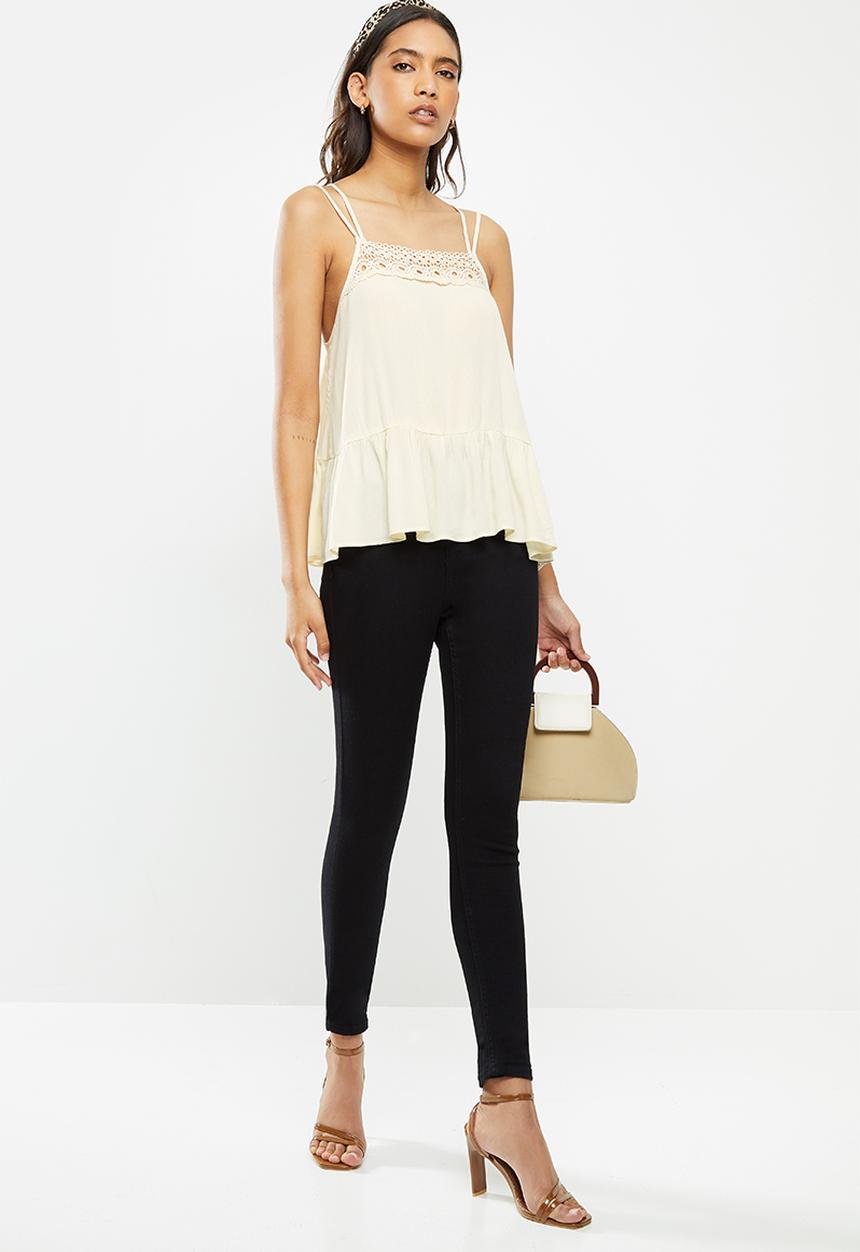 VELVET - Dobby peplum strappy top with lace trim - white swan