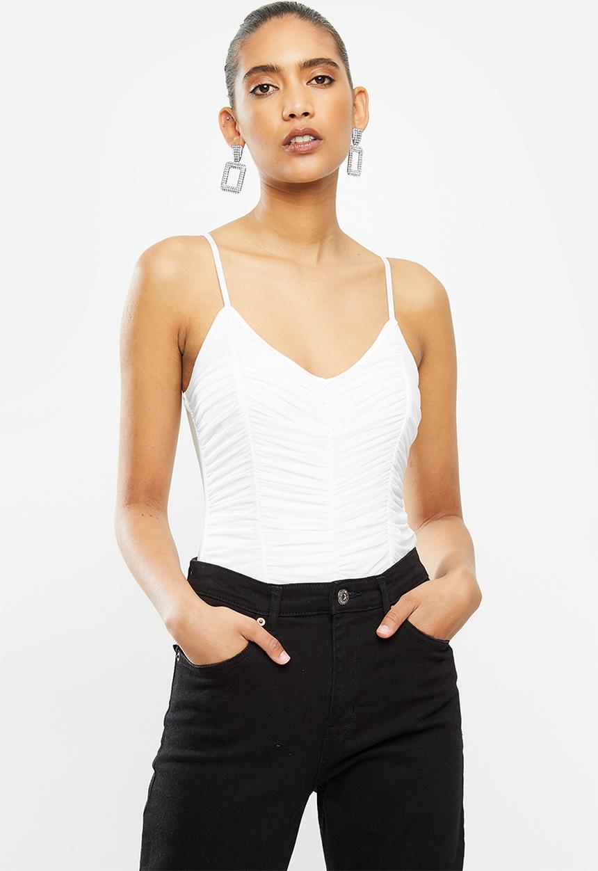 VELVET - Gauged mesh strappy combo bodysuit - white