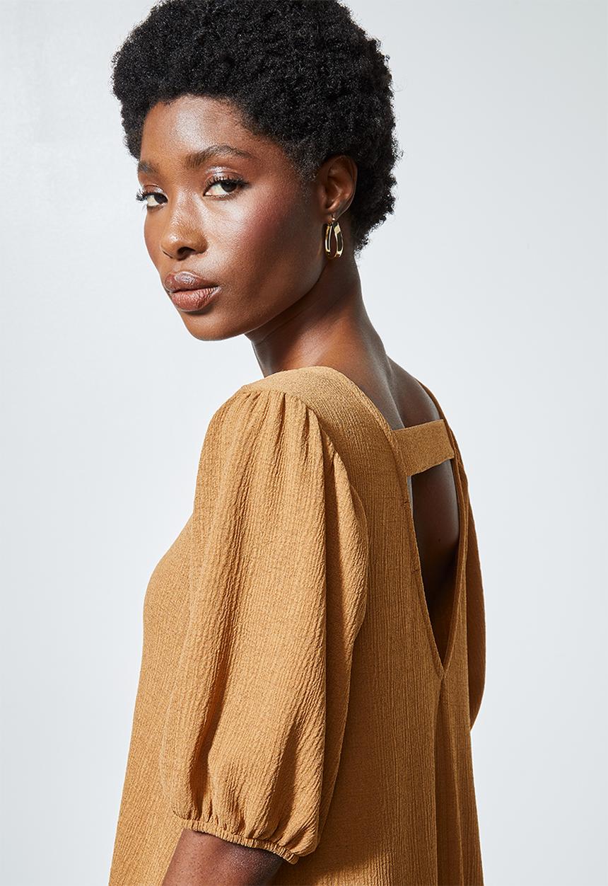 Superbalist - Texture fabric tiered dress with v-back detail - brown