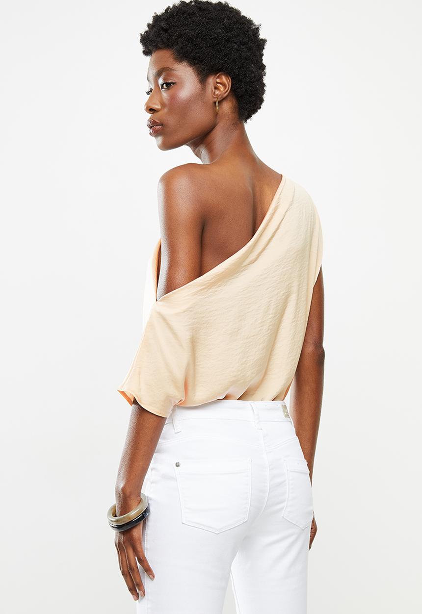 VELVET - Satin asymmetric dropped shoulder blouse - beige 