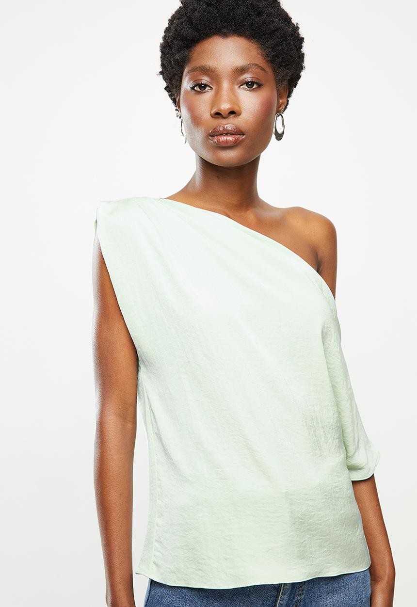 VELVET - Satin asymmetric dropped shoulder blouse - green