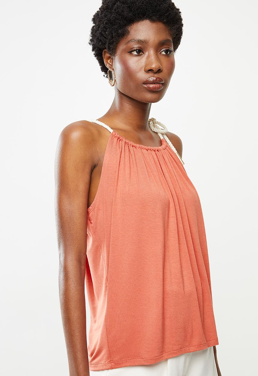 VELVET - Knit halter top with rope trim - rust 