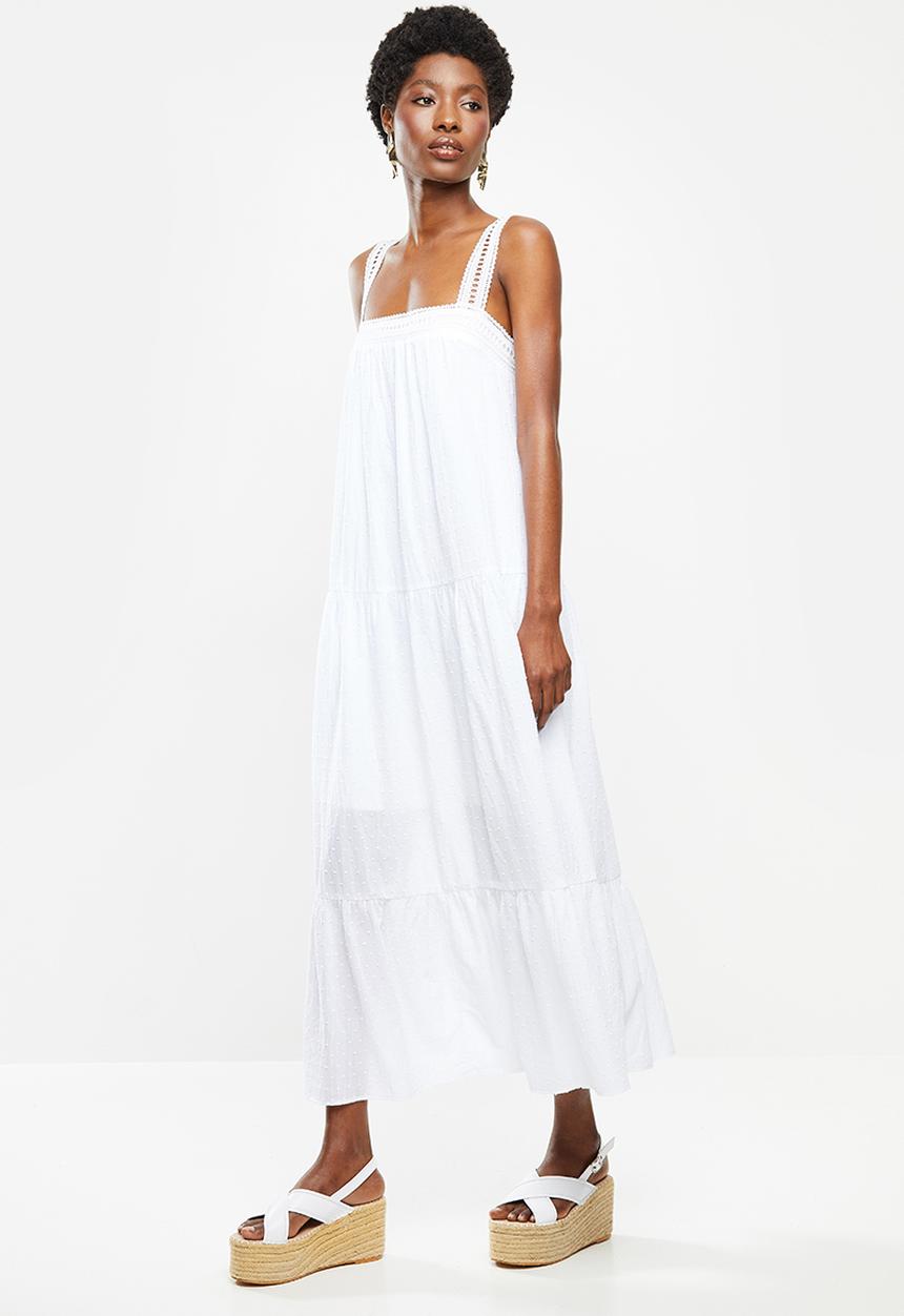 VELVET - Dobby square neck midi tiered dress - white