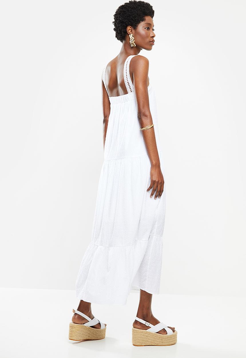 VELVET - Dobby square neck midi tiered dress - white