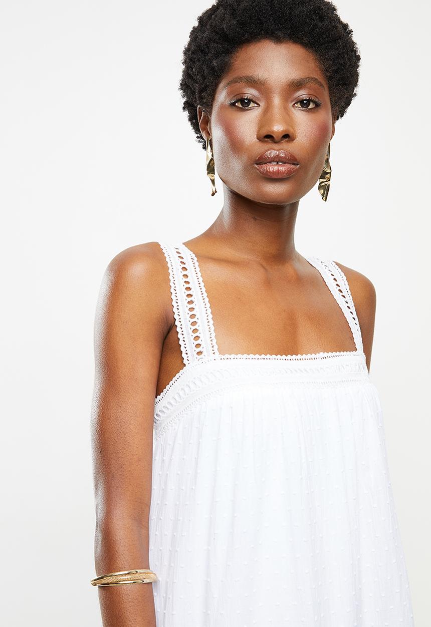 VELVET - Dobby square neck midi tiered dress - white