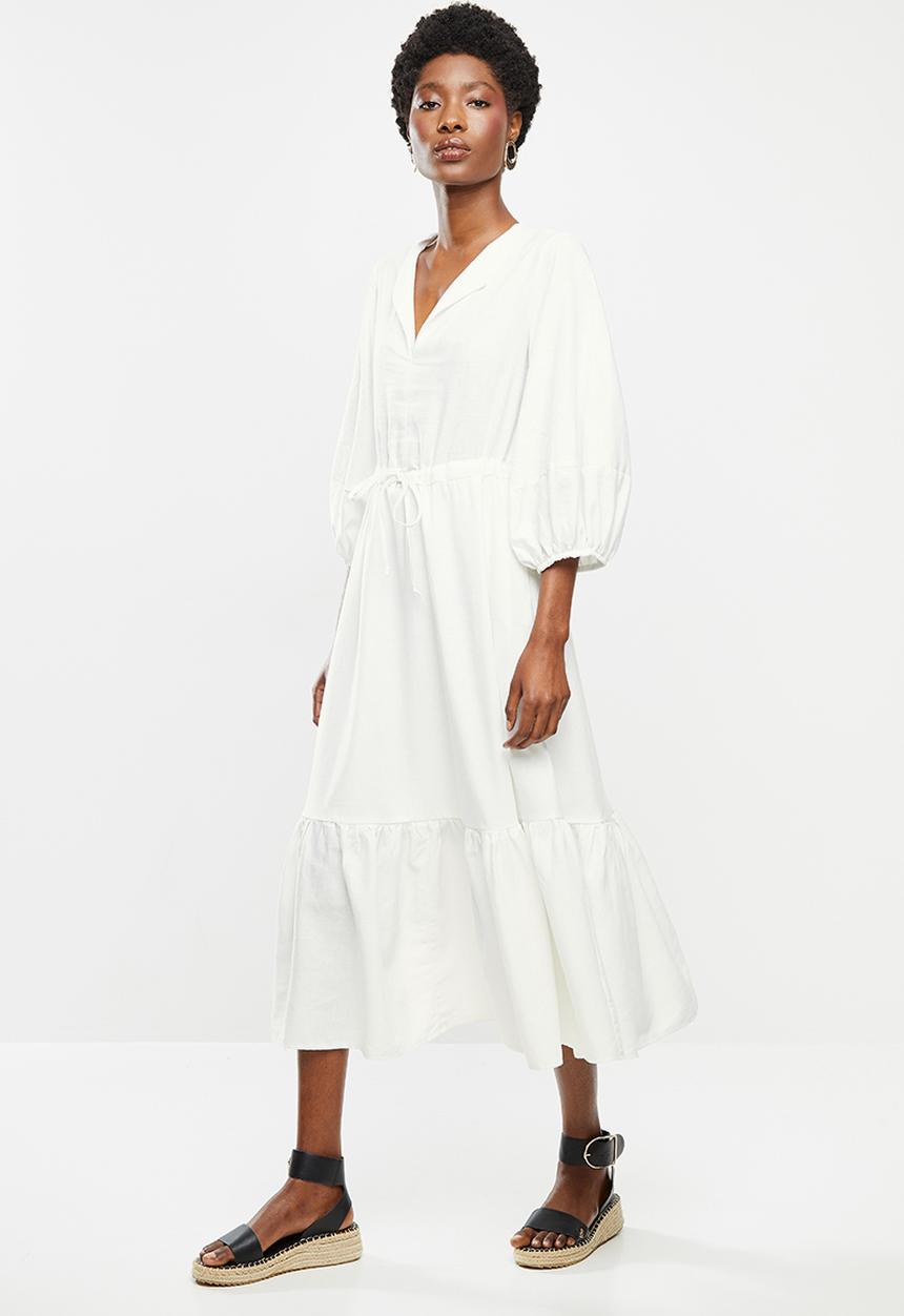 Me&B - Bellow sleeve linen dresswith drawstring waist - neutral