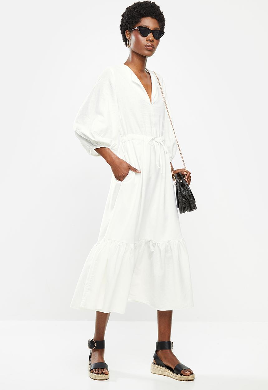 Me&B - Bellow sleeve linen dresswith drawstring waist - neutral