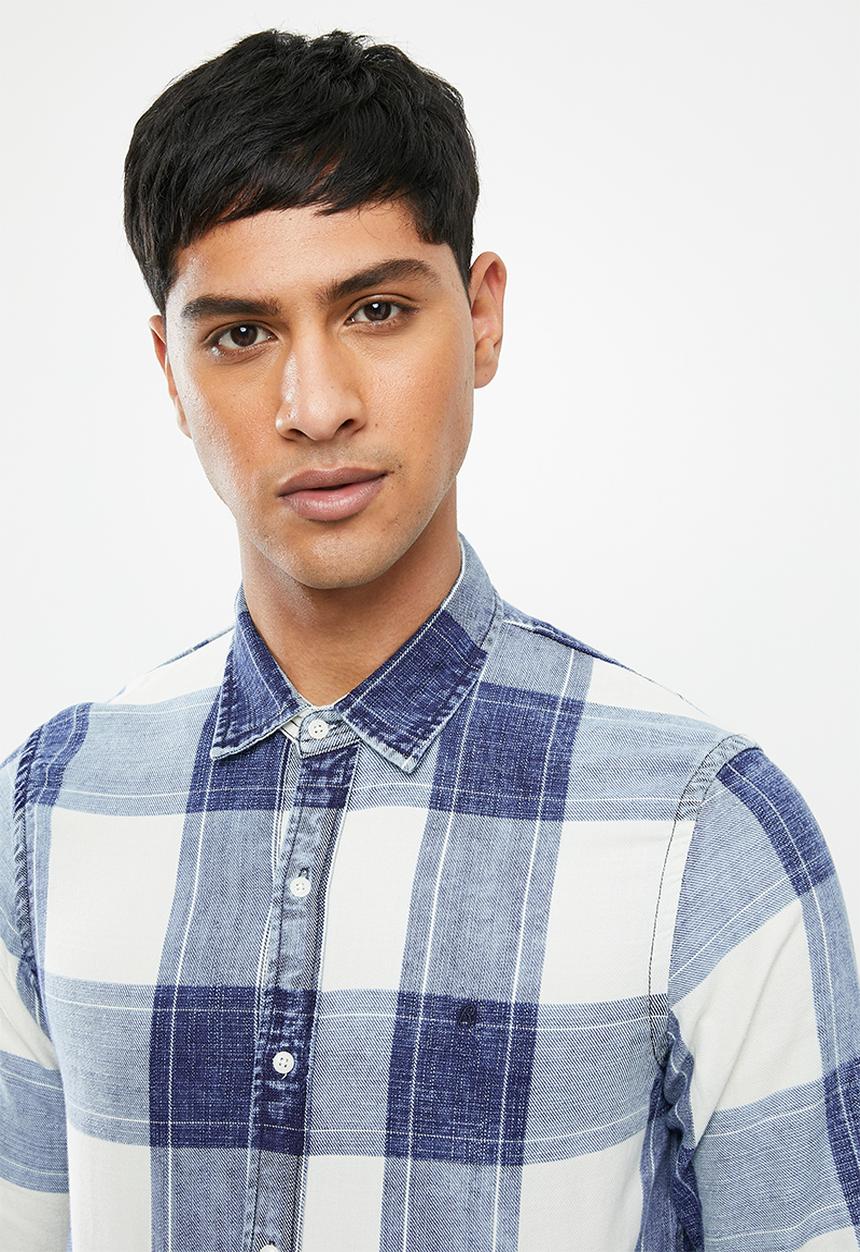 Replay - Indigo checked twill shirt - blue & white