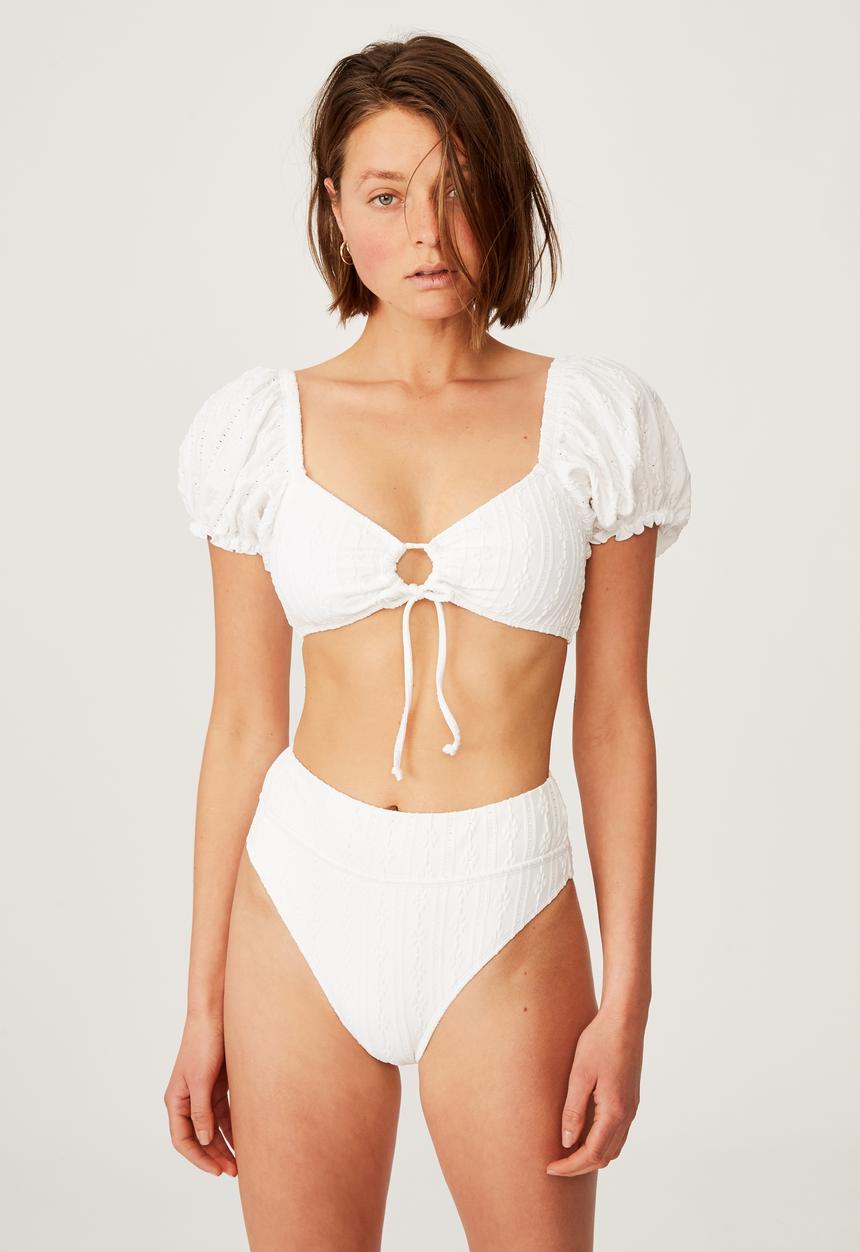 Cotton On - Keyhole shortsleeve bikini top - white broidere
