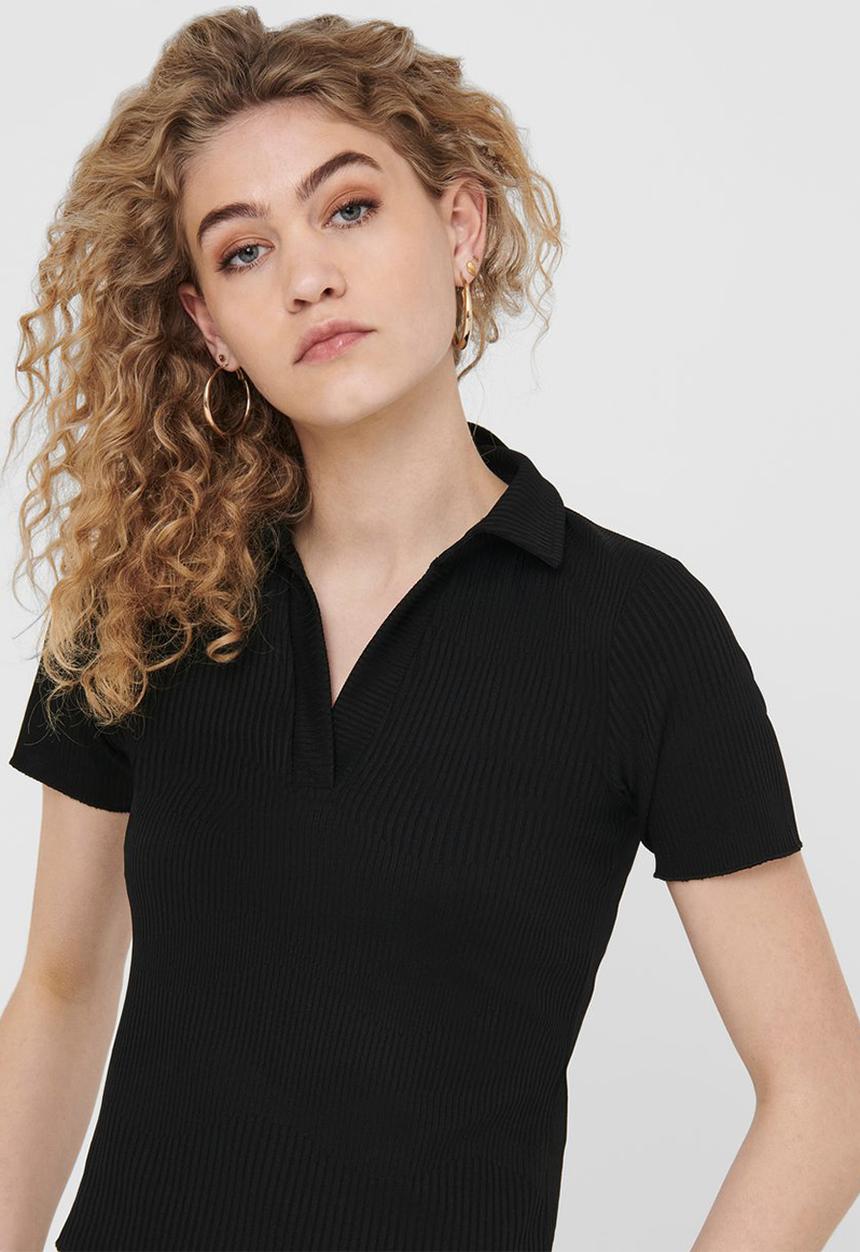 ONLY - Sophia short sleeve polo rib top - black