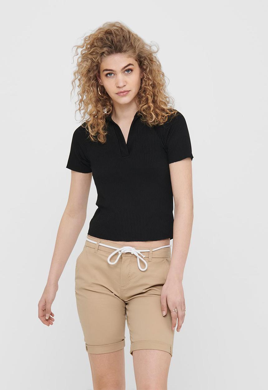 ONLY - Sophia short sleeve polo rib top - black