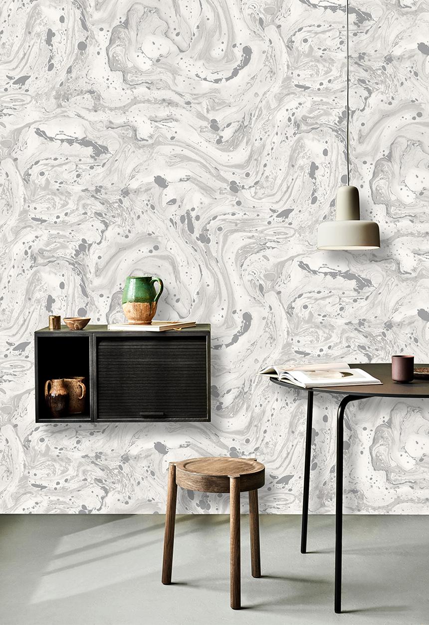 Sixth Floor - Marble swirl printed vinyl wallpaper - grey & silver