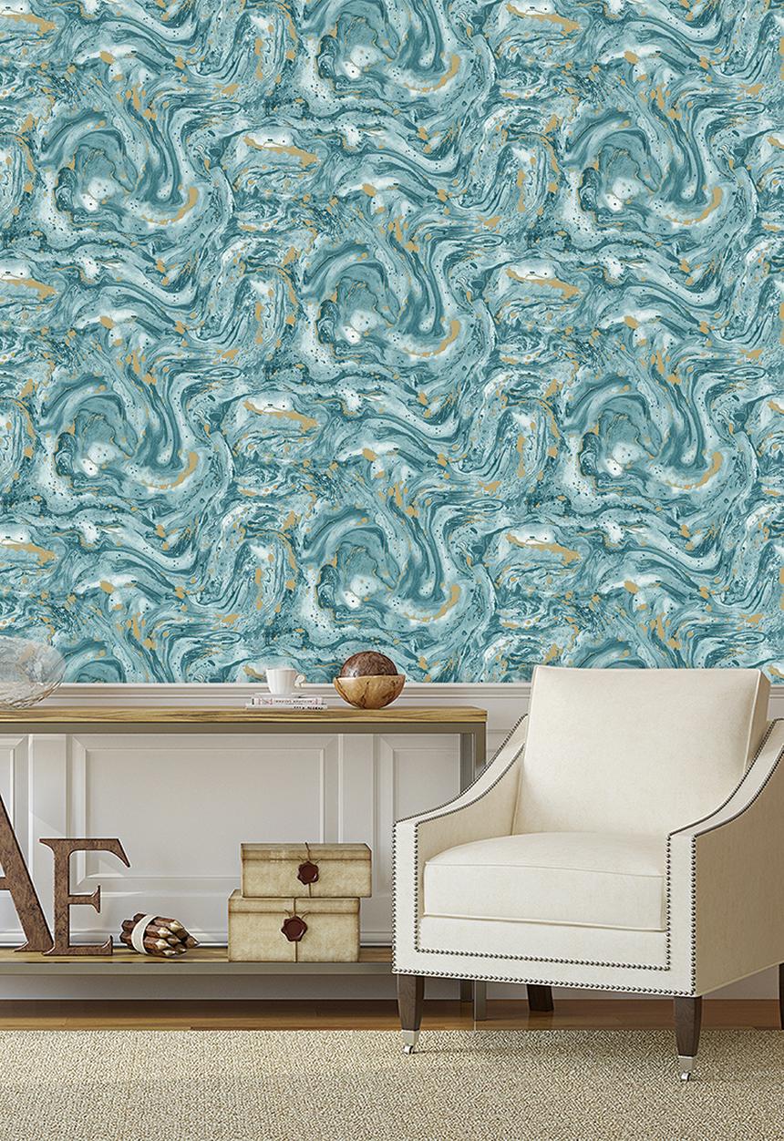 Sixth Floor - Marble swirl printed vinyl wallpaper - blue & gold