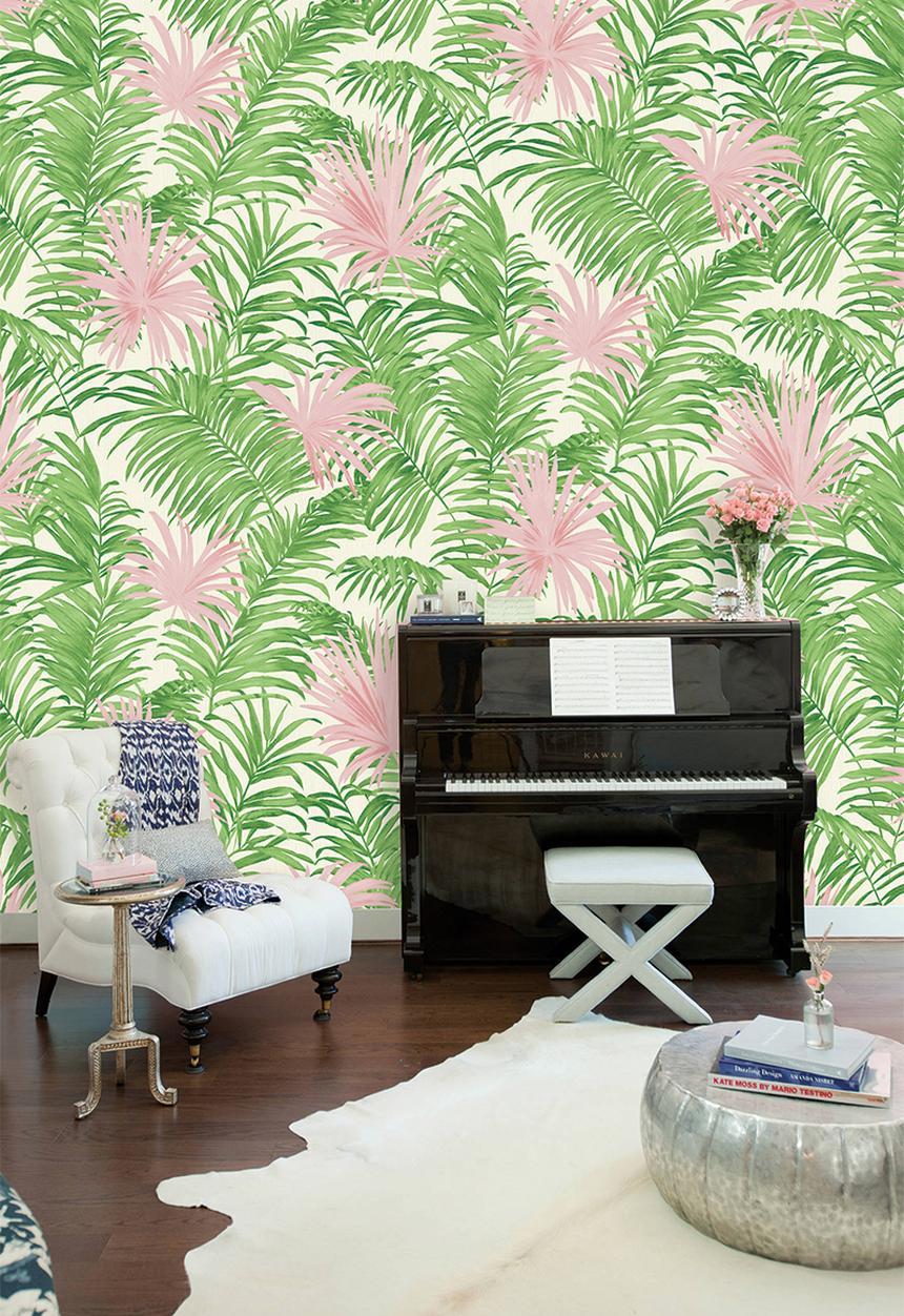 Sixth Floor - Palm leaves printed vinyl wallpaper - green & pink