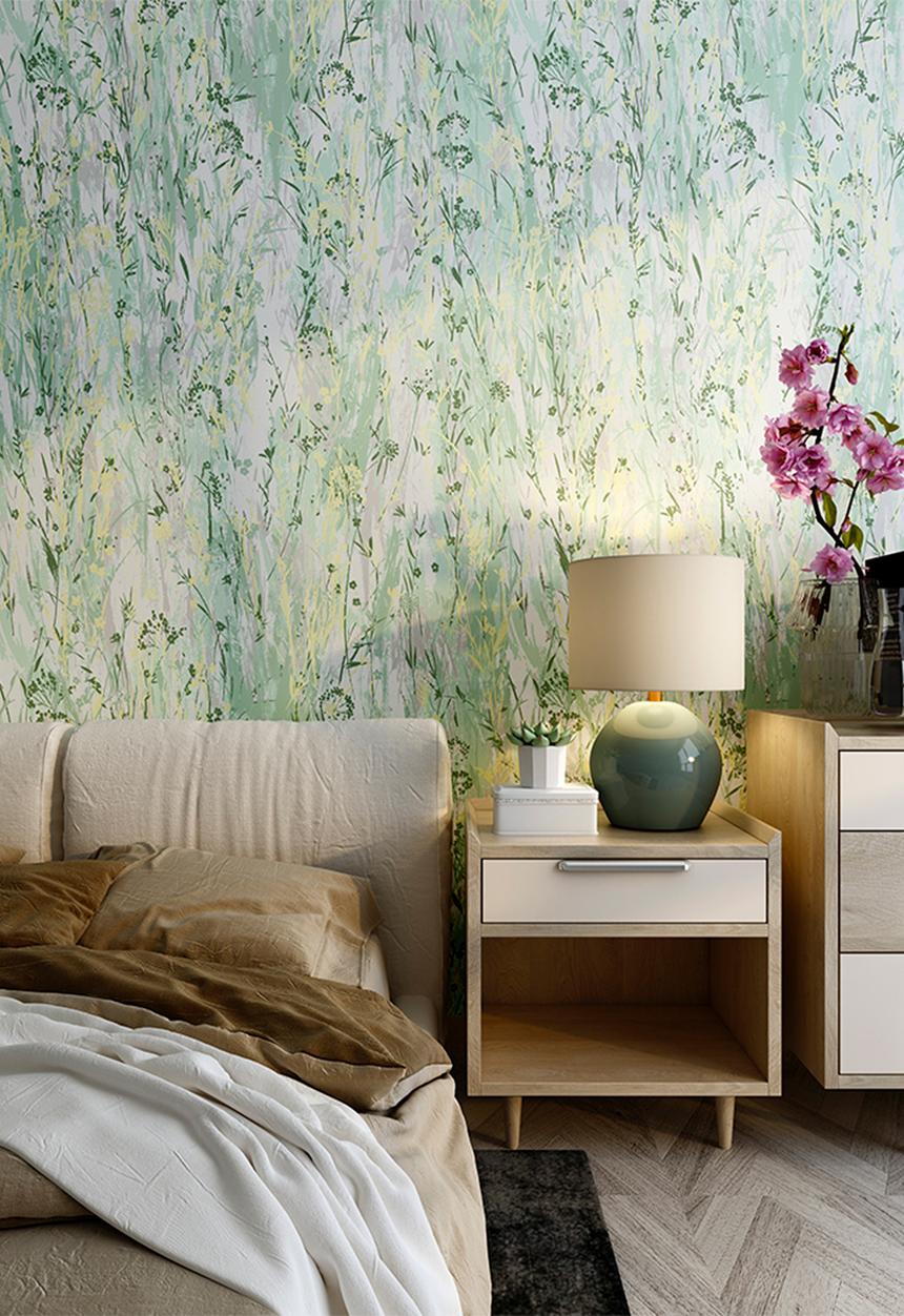 Sixth Floor - Muted blossom printed vinyl wallpaper - blue & white