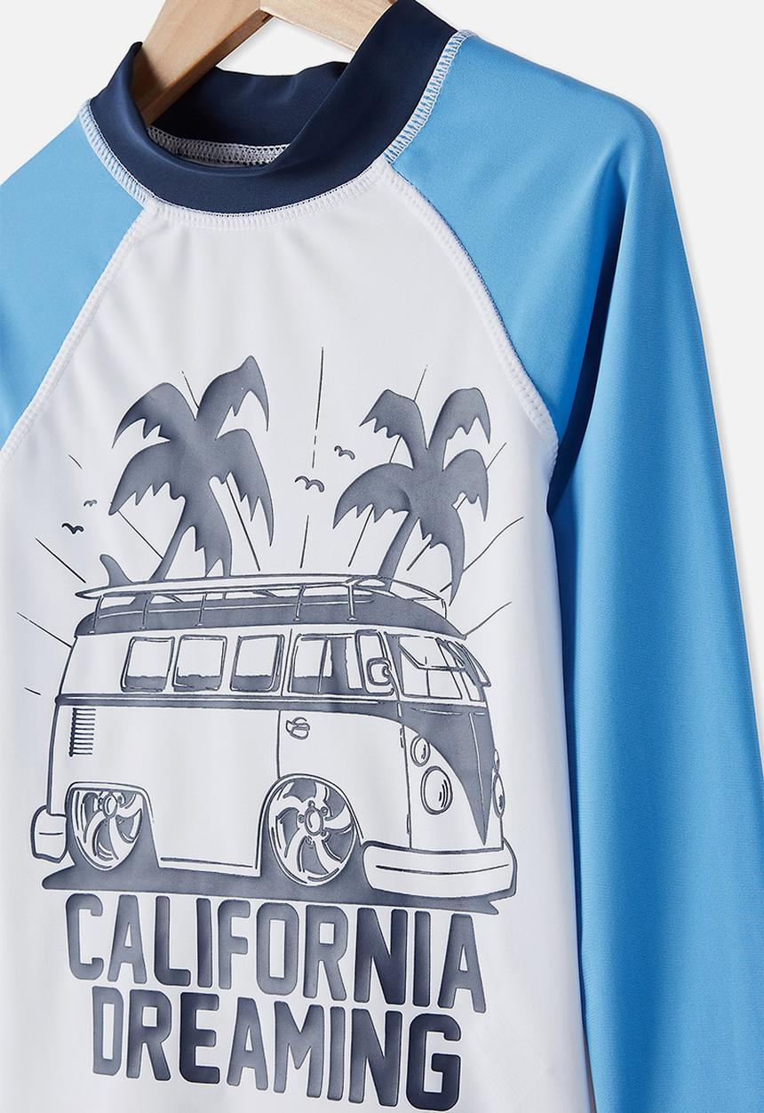 Cotton On - Flynn long sleeve raglan rash vest - white & blue