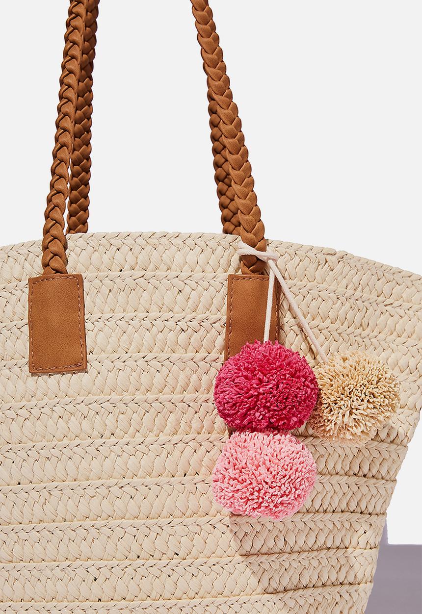 Cotton On - Beach basket bag - natural pom pom