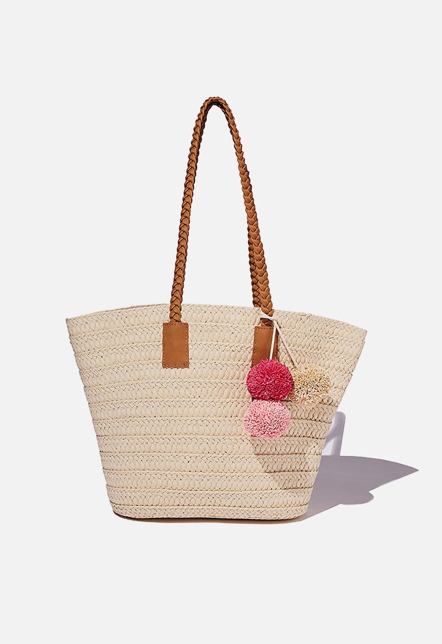 Cotton On - Beach basket bag - natural pom pom