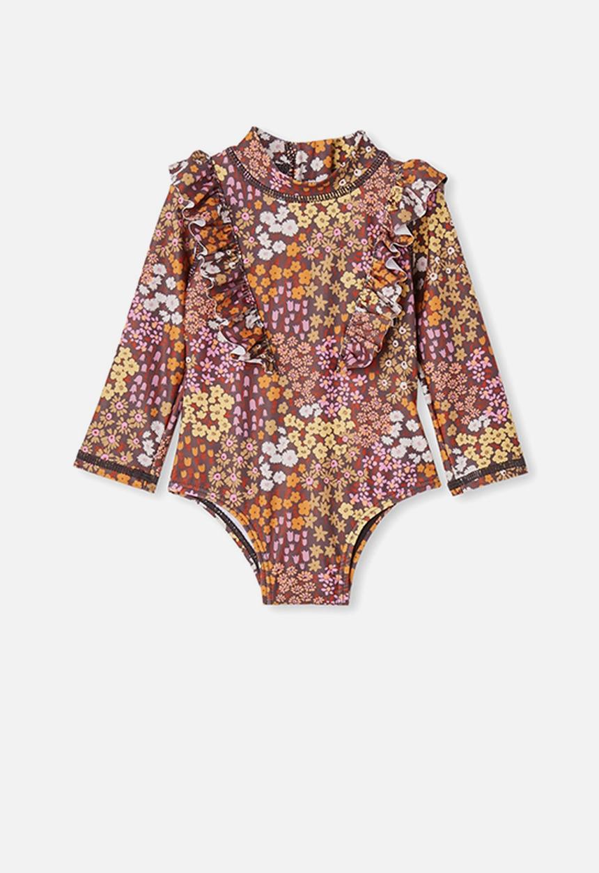 Cotton On - Tori long sleeve swimsuit - rabbit grey & floral fields