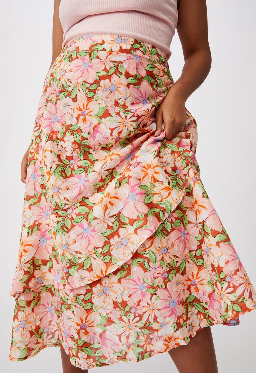 Cotton On - Curve florence frill midi skirt - sharna floral warm bronze