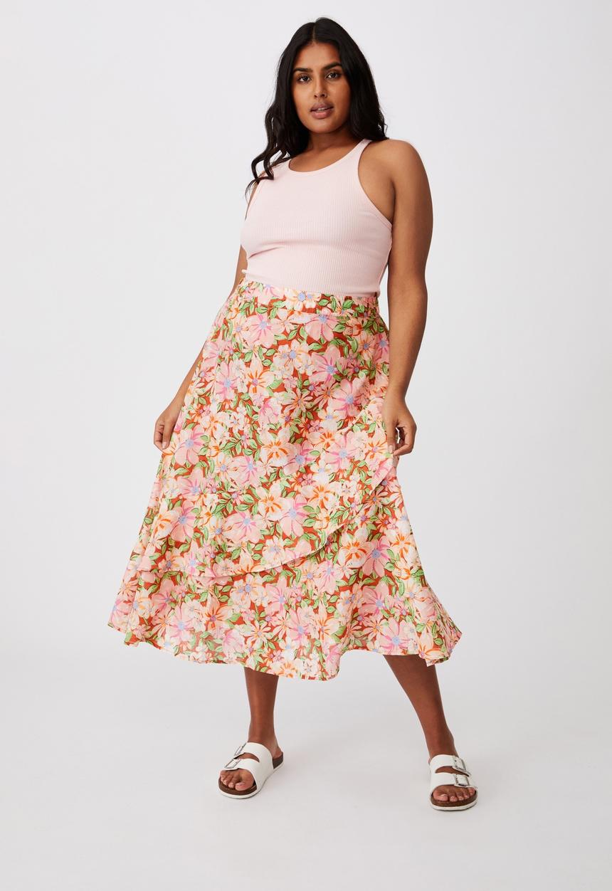 Cotton On - Curve florence frill midi skirt - sharna floral warm bronze