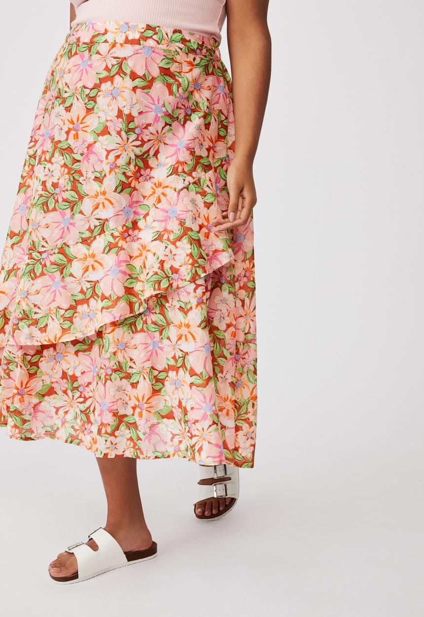 Cotton On - Curve florence frill midi skirt - sharna floral warm bronze