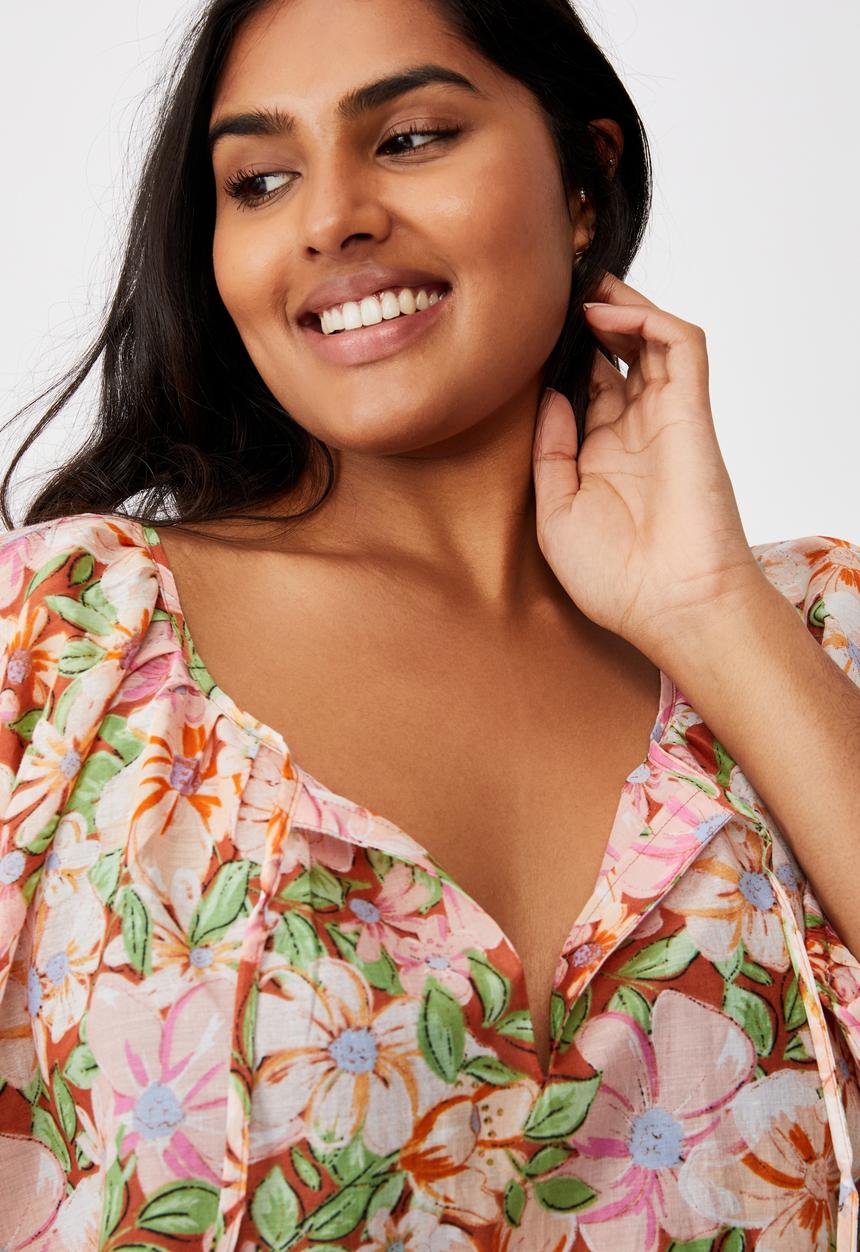 Cotton On - Curve peasant blouse - sharna floral warm bronze