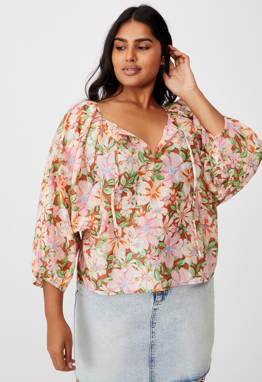 Cotton On - Curve peasant blouse - sharna floral warm bronze