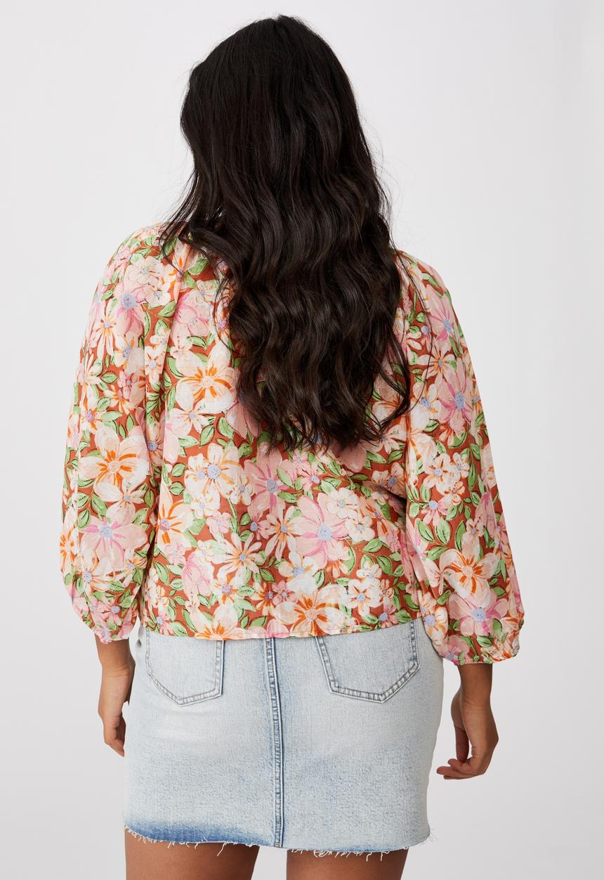 Cotton On - Curve peasant blouse - sharna floral warm bronze