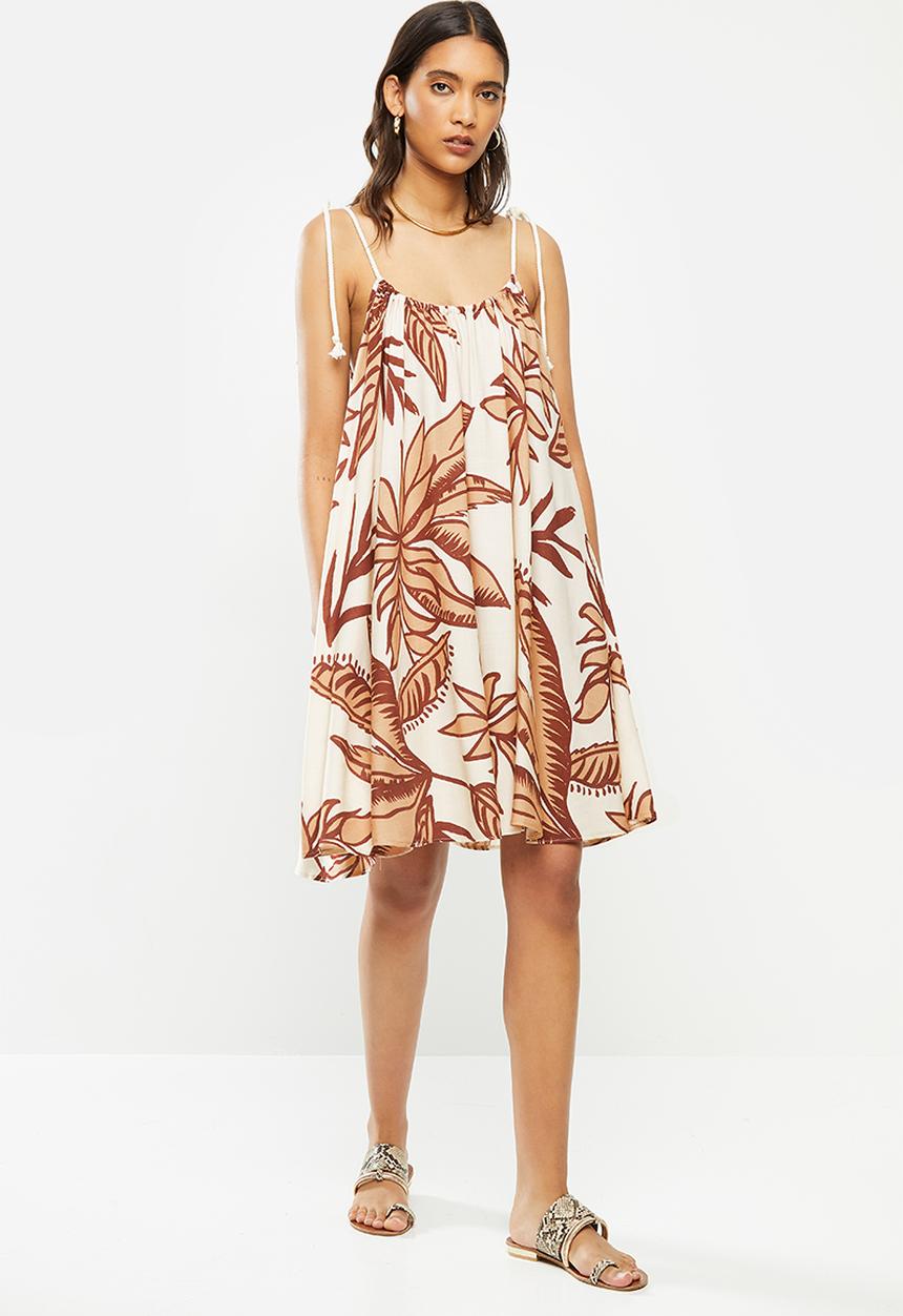 VELVET - Trapeze mini dress with rope tunneled neckline - beige