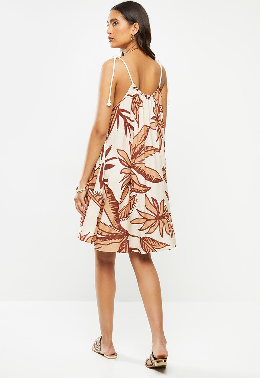 VELVET - Trapeze mini dress with rope tunneled neckline - beige