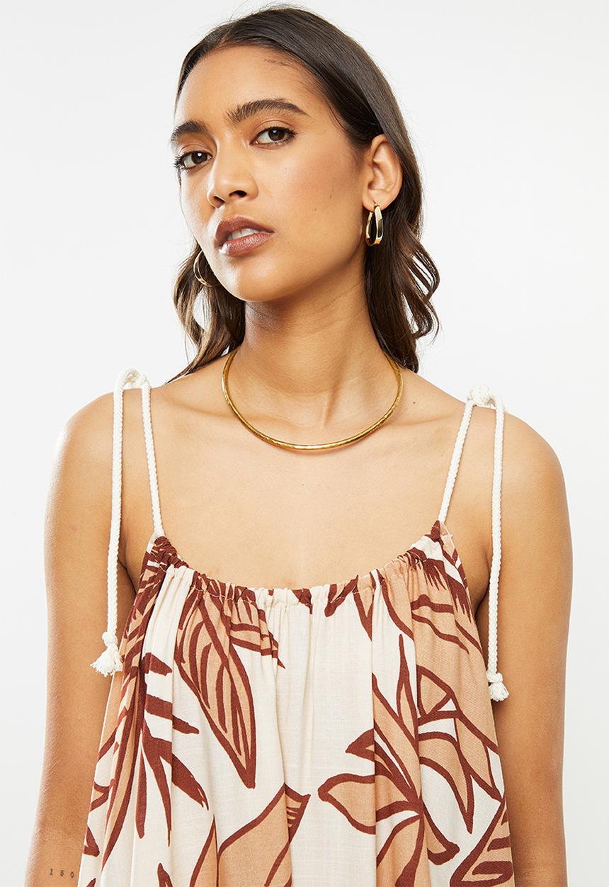 VELVET - Trapeze mini dress with rope tunneled neckline - beige