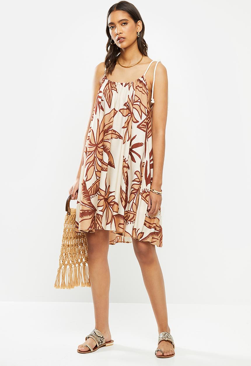 VELVET - Trapeze mini dress with rope tunneled neckline - beige