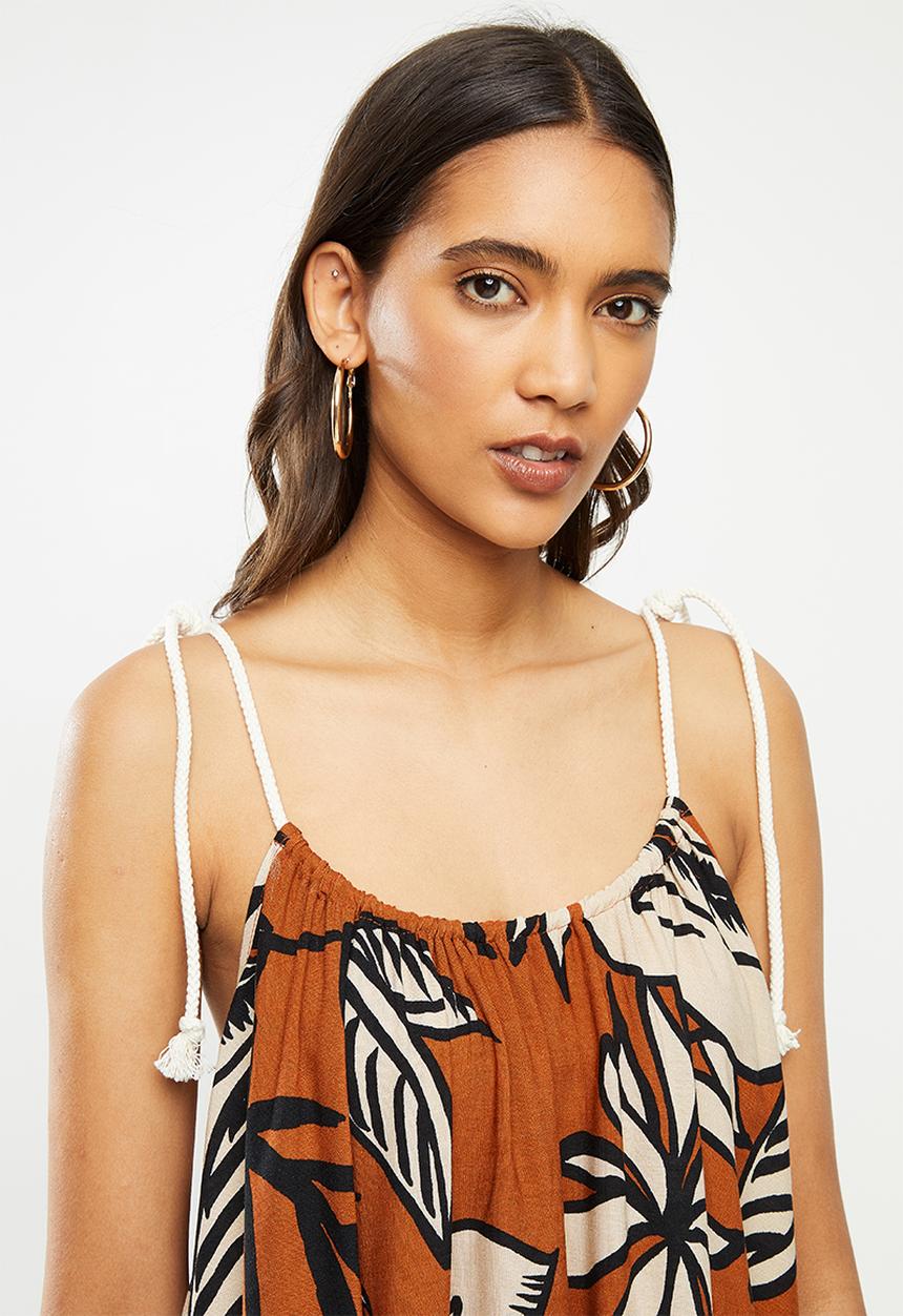 VELVET - Trapeze mini dress with rope tunneled neckline - rust