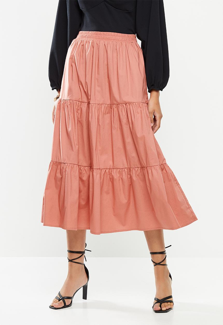 VELVET - Poplin tiered midi skirt - rose