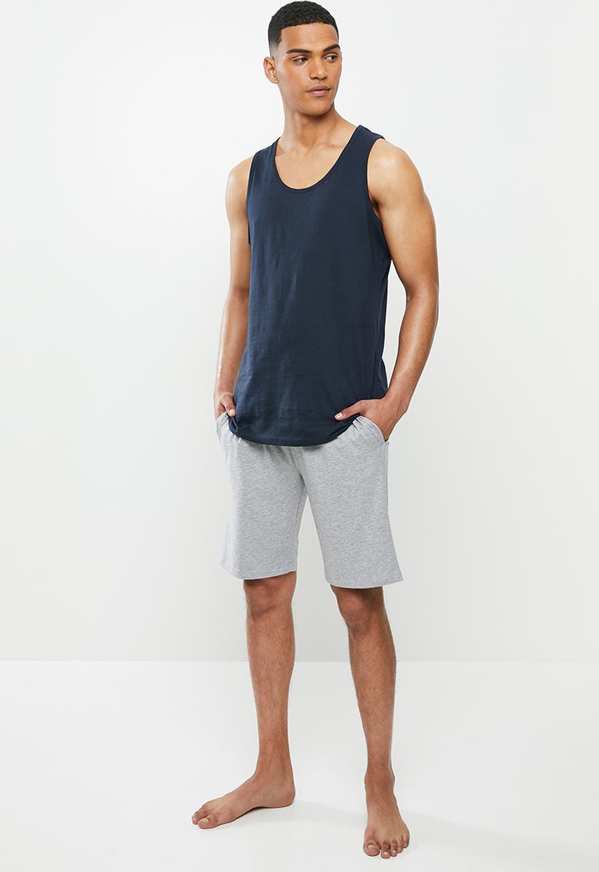 Superbalist - Premium cotton slub vest & knit shorts sleep set - navy & grey