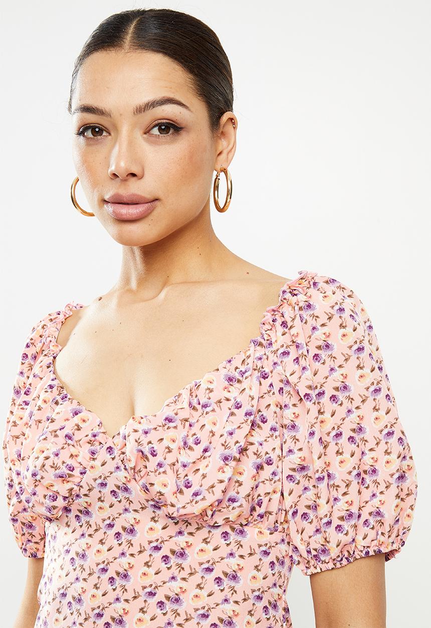 Missguided - Milkmaid skater dress floral - pink