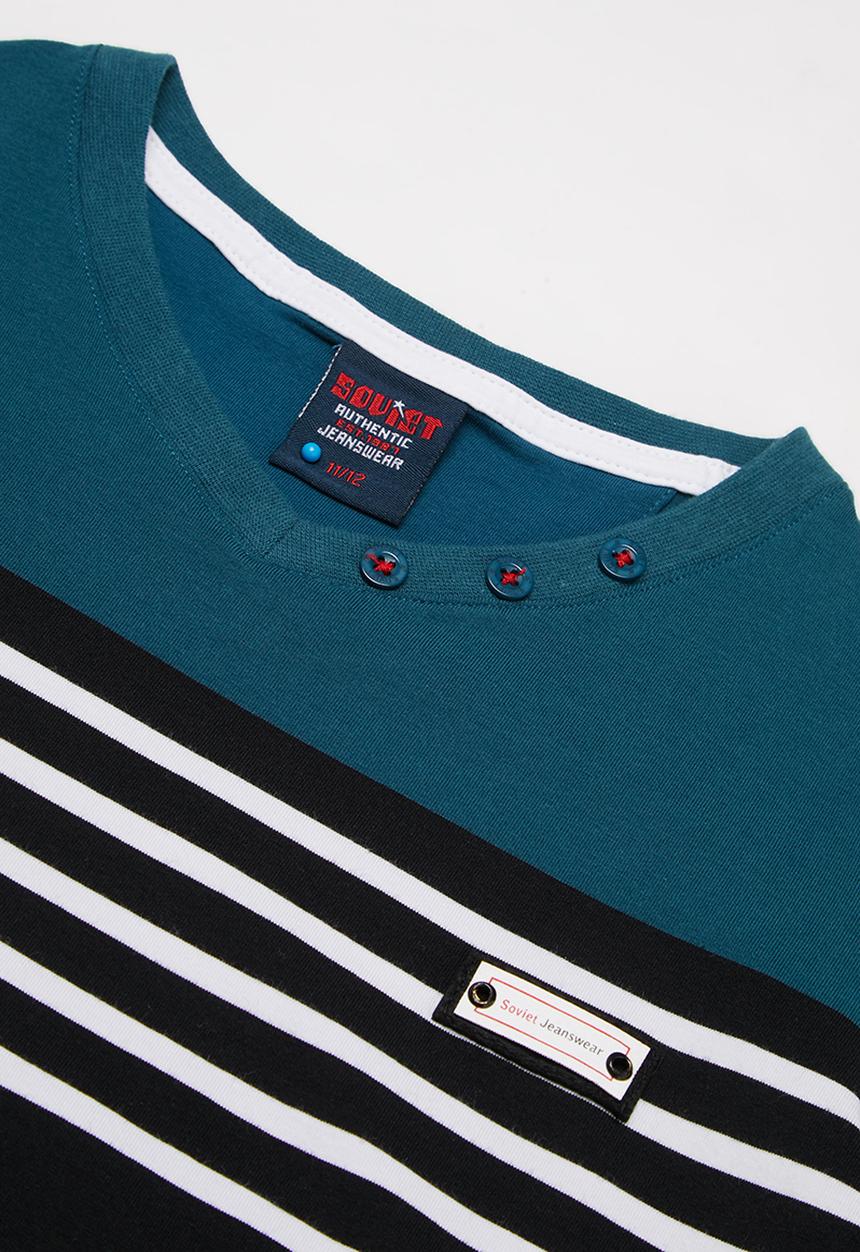 SOVIET - V-neck yarn dye stripe tee -  teal