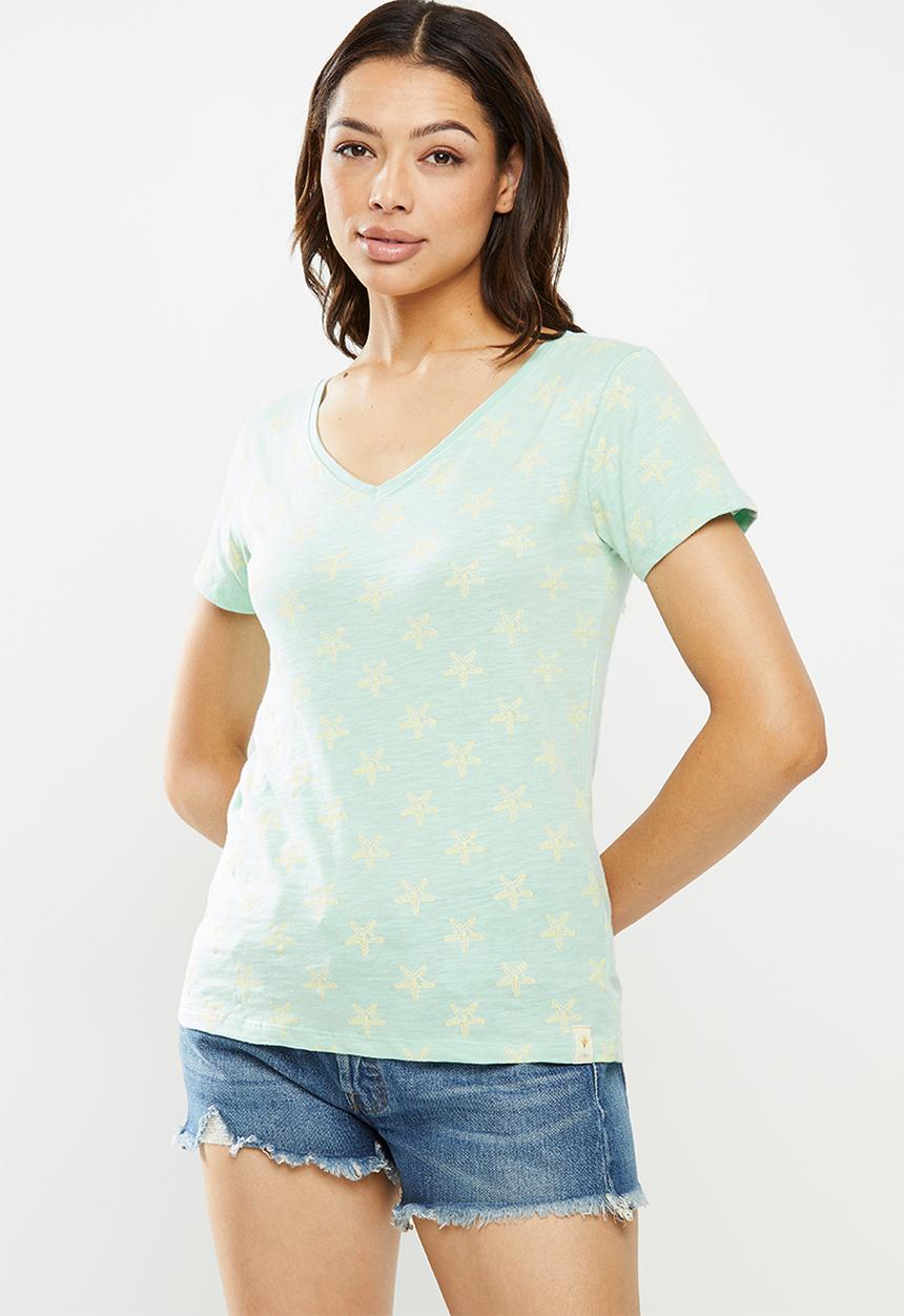 Lizzy - Shukri basic v-neck short sleeve tee - blue & yellow 