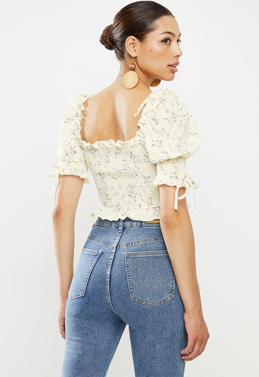 Missguided - Ditsy puff sleeve crop top - cream